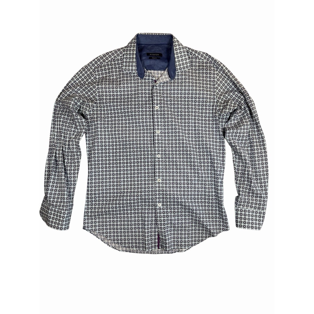 Bugatchi Shaped Fit Dress Shirt Mens M Blue Geometric Flip Cuff Button Up
